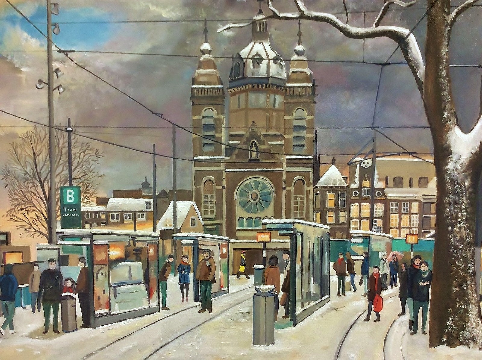 wintergezicht Amsterdam winter Amsterdam stadsgezicht Amsterdam modern schilderij met Nicolaaskerk winterview city view Amsterdam painting