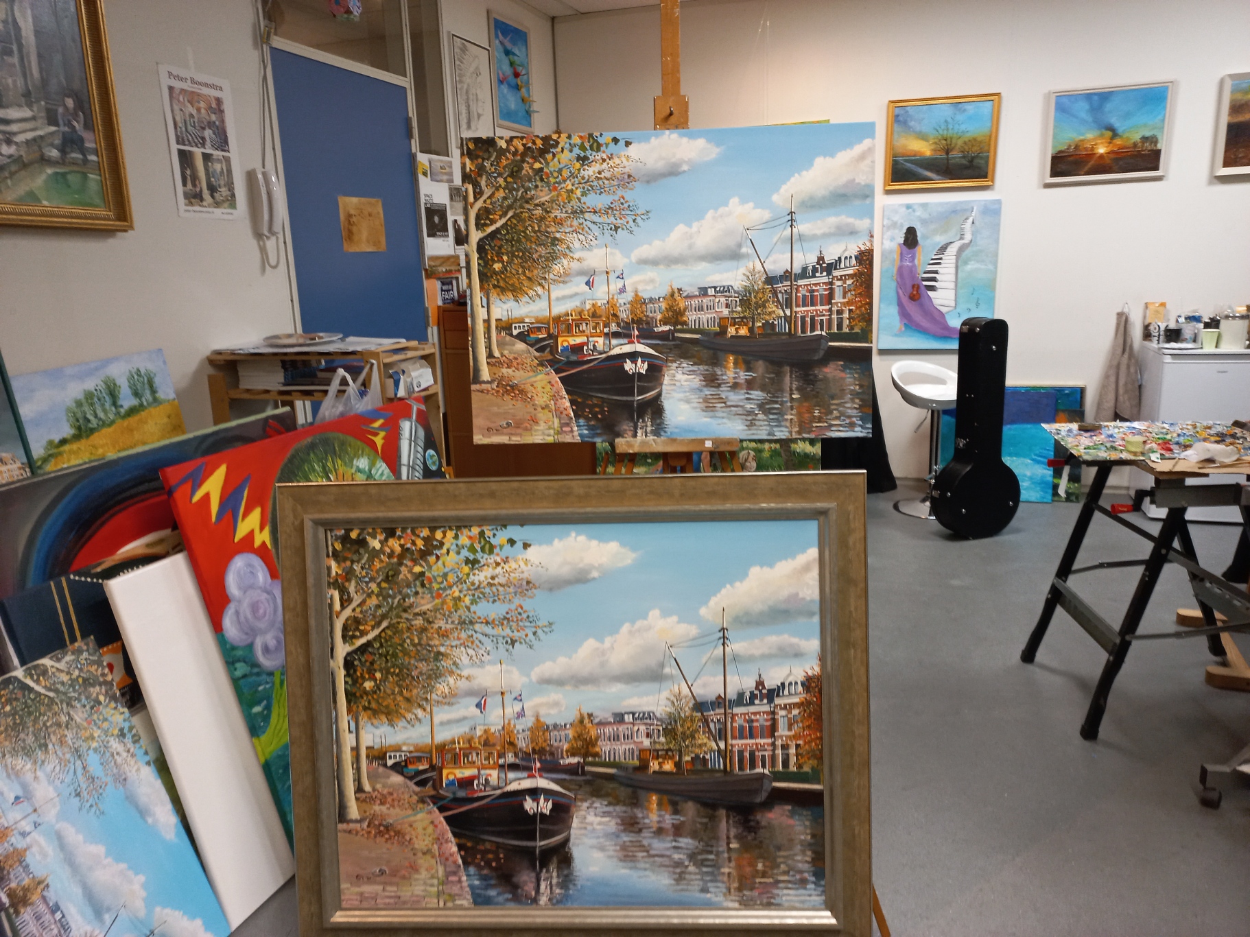 Stadsgezicht Leeuwarden Emmakade olieverf op doek Peter Boonstra kunstenaar kunstschilder Stadsgezicht