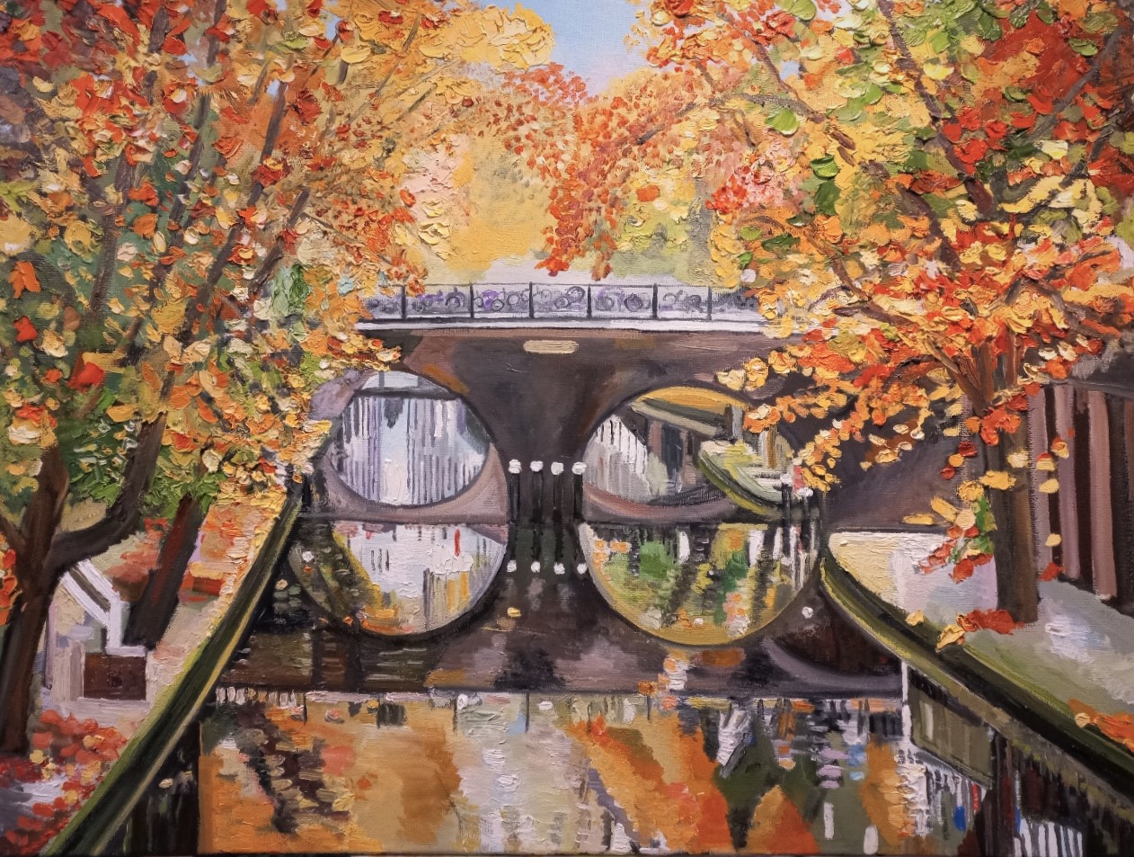 Stadsgezicht Utrecht Oudegracht 2023 olieverf op doek impressionisme Peter Boonstra kunstschilder
