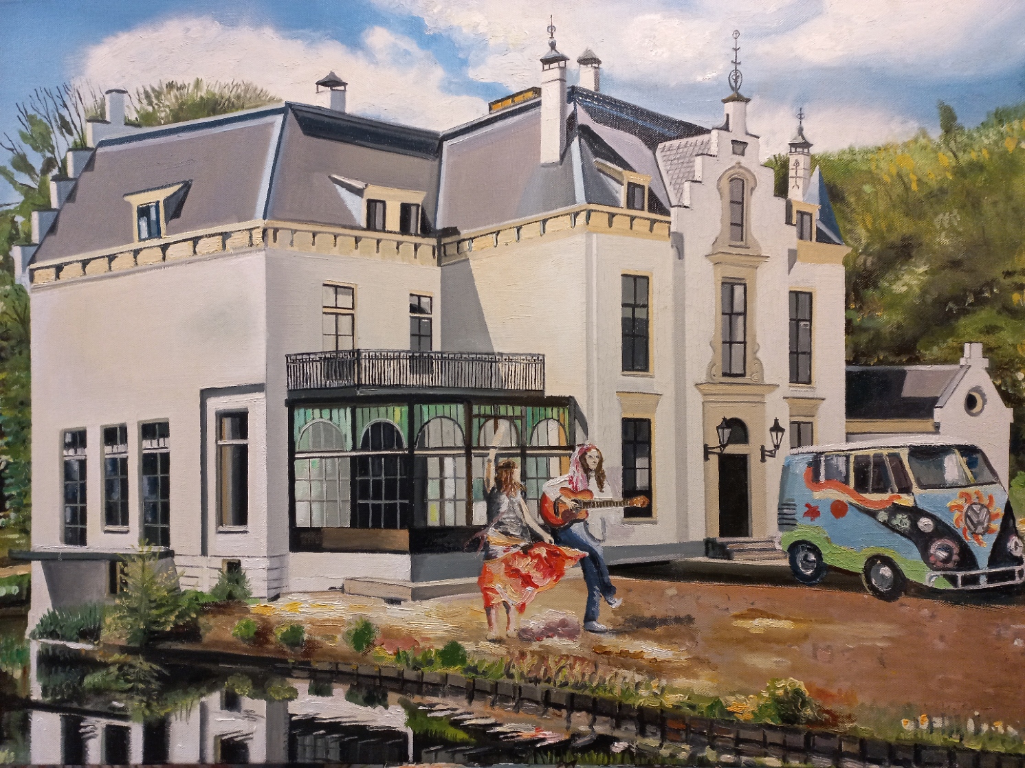 Kasteel Staverden, Flower power VW Bus, hippies, Kasteel Staverden schilderij, Peter Boonstra kunstenaar kunstschilder, Peter Boonstra Almere