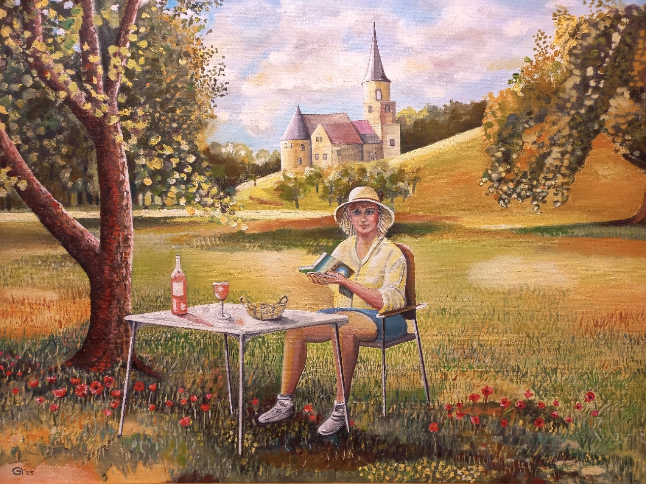 Meisje in Frans landschap Girl in French landscape romantic painting romantisch schilderij -  beeldend kunstenaar kunstschilder Almere Peter Boonstra .