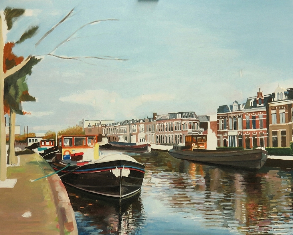 Emmakade Leeuwarden Stadsgezicht(onderhanden werk ) Olieverf Schilderij Peter Boonstra kunstschilder kunstenaar 2019 Almere