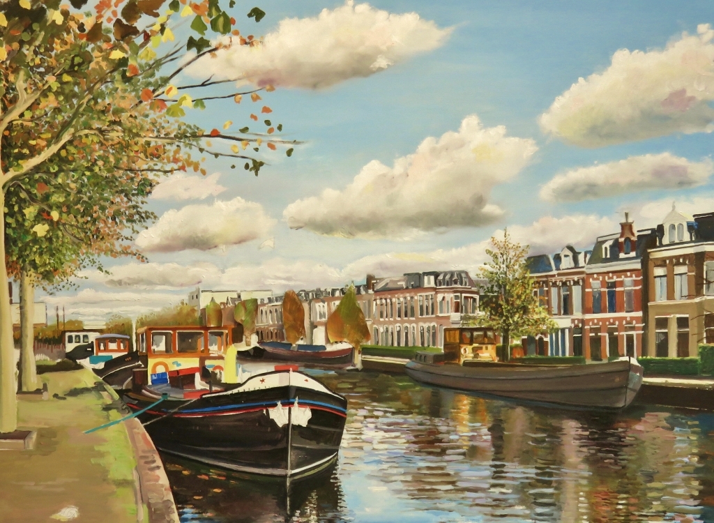 Schilderij Emmakade Leeuwarden 2019 in progress Peter Boonstra kunstschilder kunstenaar