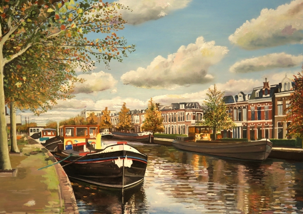 Emmakade Leeuwarden Stadsgezicht (onderhanden ) Olieverf Schilderij Peter Boonstra kunstschilder kunstenaar 2019 Almere