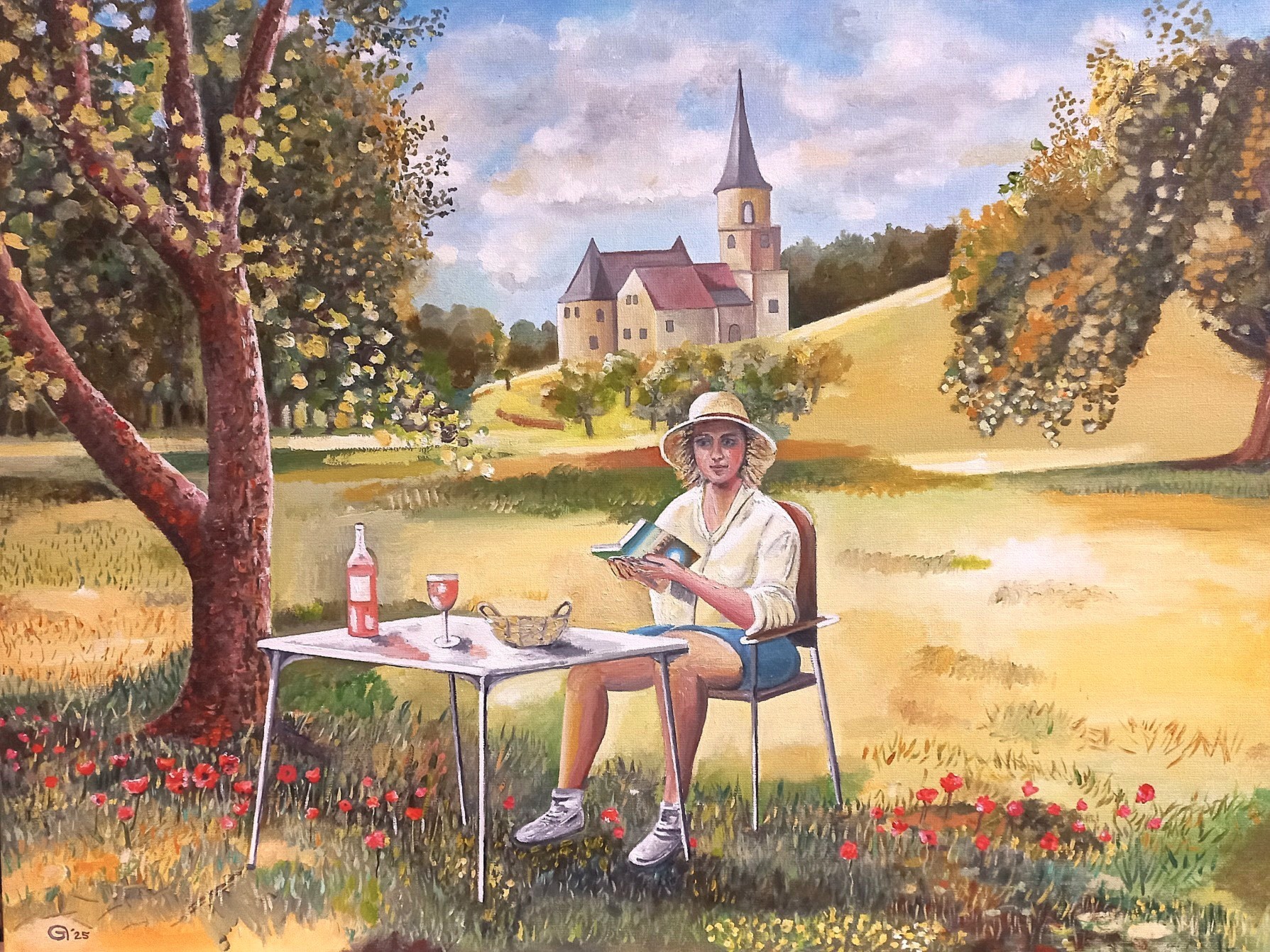 Frans landschap met meisje picknic romantisch schilderij peter boonstra kunstenaar kunstschilder almere