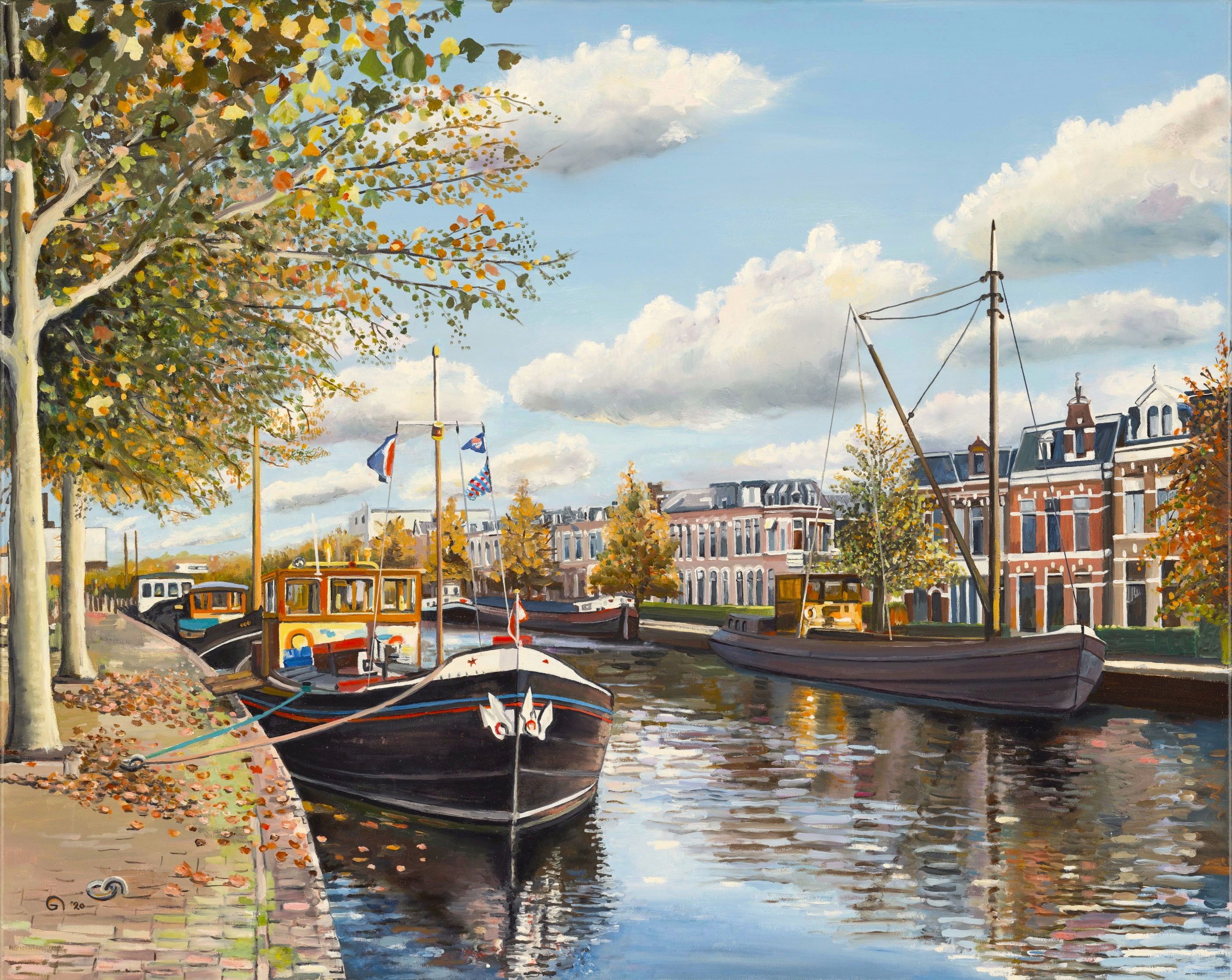 Stadsgezicht Leeuwarden Emmakade schilderij Stadsgezicht Leeuwarden Emmakade schilderij olieverf Peter Boonstra Friese kunstschilder kunstenaar Almere 2020